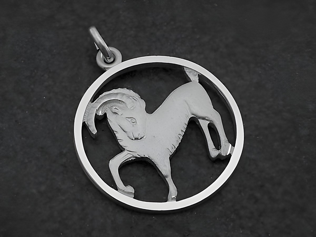Silber Anhänger rund mit dem Sternzeichen Steinbock, hergestellt von Juwelier Harnisch, detailreiche Darstellung des Steinbocks in einem kreisförmigen Rahmen.