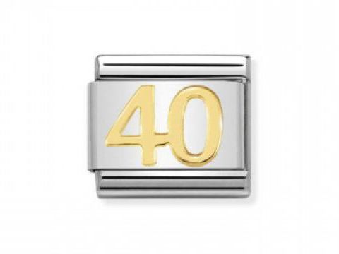 Zahl 40 aus goldfarbenem Metall auf einem silbernen Hintergrund, Teil des Nomination Classic GOLD LIFE - 030109 41, stilvolle Ergänzung für Armbänder, Hersteller Nomination, für den besonderen Anlass.
