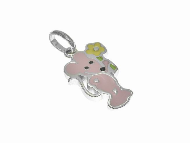 304855-0 Anhänger aus Sterling Silber in Form einer Maus mit einer Blume, poliert und rhodiniert. Die Maus ist in Hellrosa, während die Blume gelb, schwarz und hellgrün gestaltet ist. Ideal für Kinder.