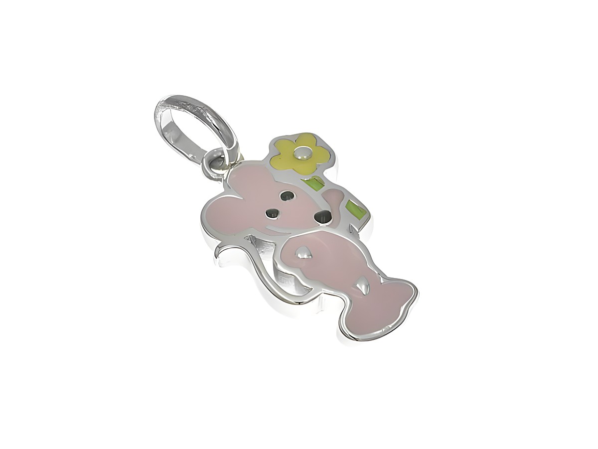 Anhänger aus Sterling Silber in Form einer Maus mit einer Blume, poliert und rhodiniert. Die Maus ist in Hellrosa, während die Blume gelb, schwarz und hellgrün gestaltet ist. Ideal für Kinder.