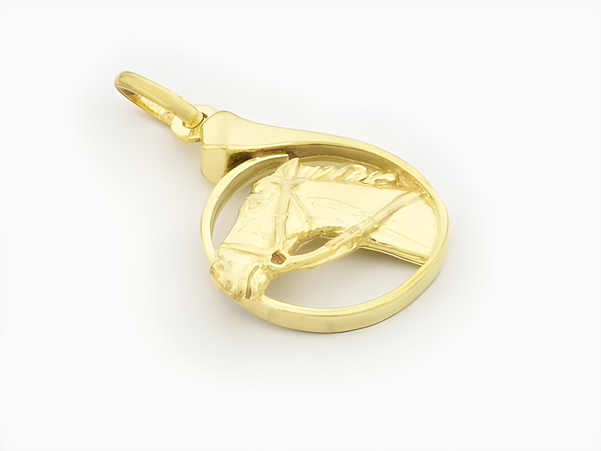 Ein eleganter Pferdekopf Gold Anhänger aus 333er Gold, hergestellt von Juwelier Harnisch, ideal für Tierliebhaber und Sportbegeisterte.