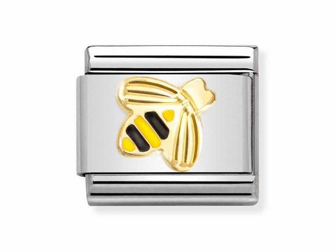Edelstahl Charm von Nomination mit goldener Biene, emailliert in Schwarz und Gelb, diamantierte Oberfläche. Elegantes Design für Armbänder.