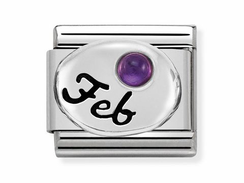 Eine silberne Nomination Classic Silberschiene mit dem Monatsstein Amethyst für Februar, ausgeprägte Schriftzüge und eine lila, runde Steinfassung.