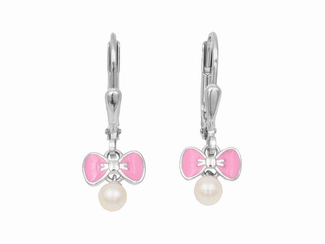 Ohrringe mit Schleife in Pink, ergänzt durch eine weiße Süßwasserperle, aus rhodiniertem Sterling Silber, ideal für Kinder, von Juwelier Harnisch.