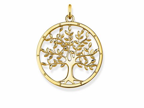 Ein eleganter, goldfarbener Anhänger mit einem Baumdesign in einem runden Rahmen, gefertigt von Thomas Sabo, Modell PE823-413-39 aus der Glam & Soul Kollektion.