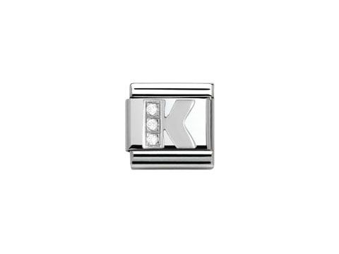 Silberner Buchstabe K aus der Nomination Classic 330301 11 Kollektion mit Zirkonia besetzt. Elegantes Design für individuellen Schmuck im Onlineshop.