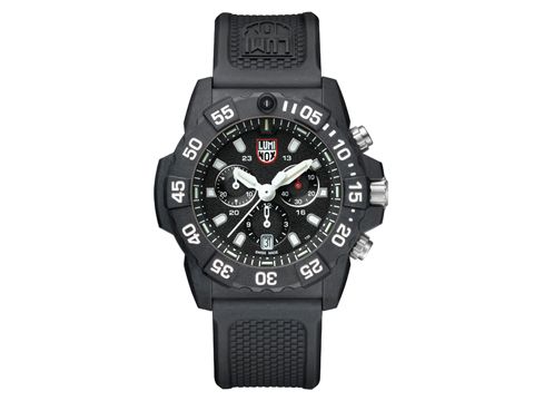 Luminox NAVY SEAL 3580 SERIES Chronograph XS.3581 Herren Armbanduhr mit schwarzem Zifferblatt, weißen Ziffern, silbernen Zeigern und einem schwarzen Silikonarmband.