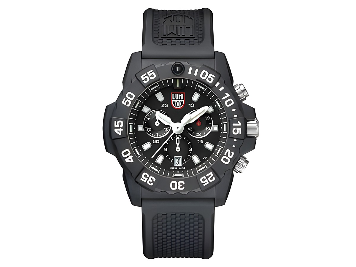 Luminox NAVY SEAL 3580 SERIES Chronograph XS.3581 Herren Armbanduhr mit schwarzem Zifferblatt, weißen Ziffern, silbernen Zeigern und einem schwarzen Silikonarmband.