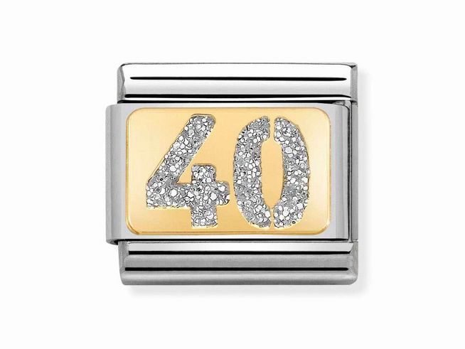 Goldfarbener Charms mit der Glückszahl 40 aus Emaille Glitter von Nomination, funkelnde silberne Ziffern auf goldenem Hintergrund in elegantem Design, ideal für Armbänder.