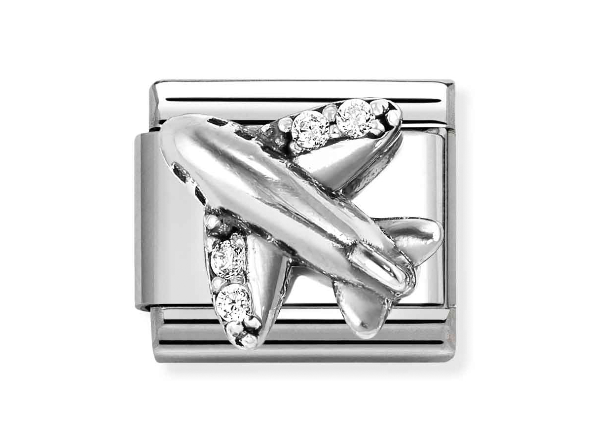 Nomination 330327 19 - CLASSIC Symbol aus Sterling Silber oxidiert - Zirkonia - Flugzeug - Weiß