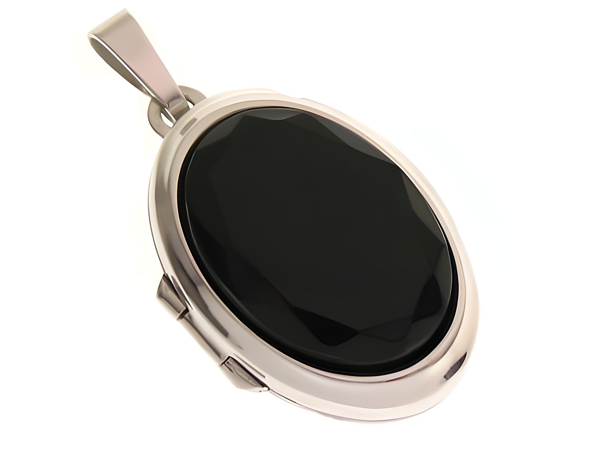 Onyx facettiert Medaillon Cabochon aus rhodiniertem Sterling Silber, elegant und zeitlos, gefertigt von Juwelier Harnisch, ideal als modisches Accessoire oder Geschenk.