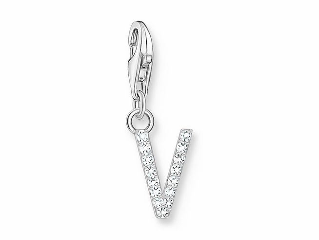 Funkelnder Thomas Sabo Charm-Anhänger in Form des Buchstabens V aus Silber mit Zirkonia in Weiß, ideal für Armbänder oder Ketten, stilvoll und elegant.