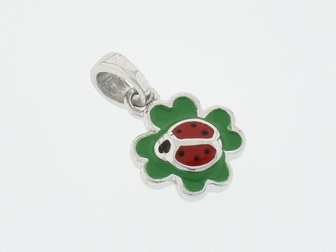 Marienkäfer auf Kleeblatt Silber Anhänger in rhodiniertem Silber, als Glücksbringer gestaltet mit roter und schwarzer Lackfarbe, von Juwelier Harnisch, dekoratives Tierdesign.