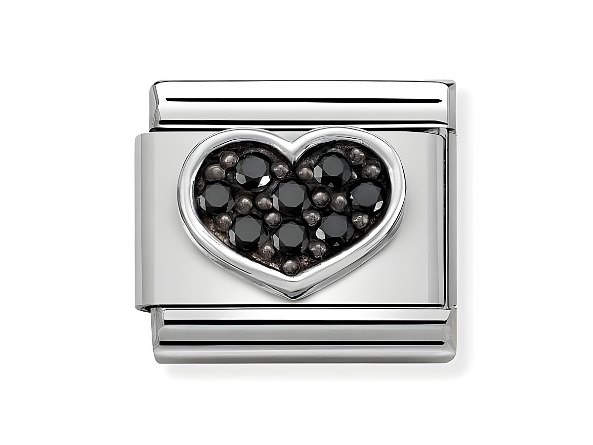 Edelstahl Charm von Nomination mit oxidiertem Herzdesign, verziert mit schwarzen Zirkonia. Elegantes und zeitloses Schmuckstück für individuelle Armbänder.