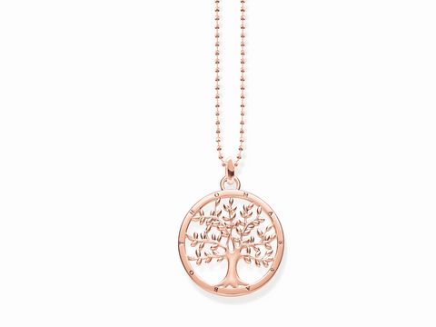 Eine elegante Kette von Thomas Sabo in Silber rosé, mit einem filigranen Anhänger in Form eines Lebensbaums, erhältlich in den Längen 40, 42,5 und 45 cm.