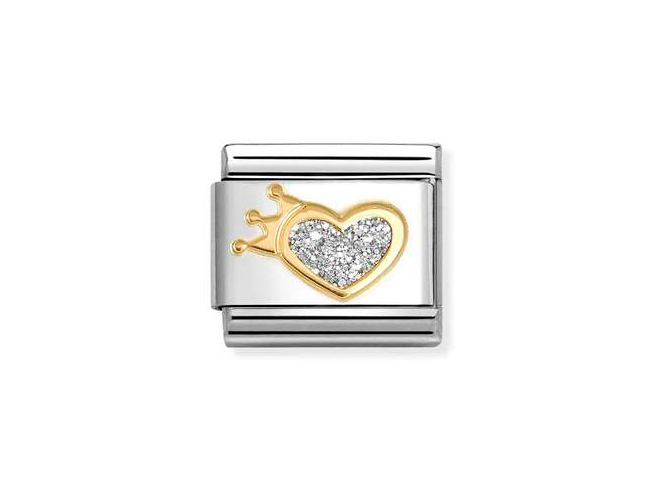 585 Gelbgold vergoldetes und Emaille Charm mit einem glitzernden Herz und einer Krone, passend für Nomination Armbänder, hochwertig verarbeitet und attraktiv im Design.