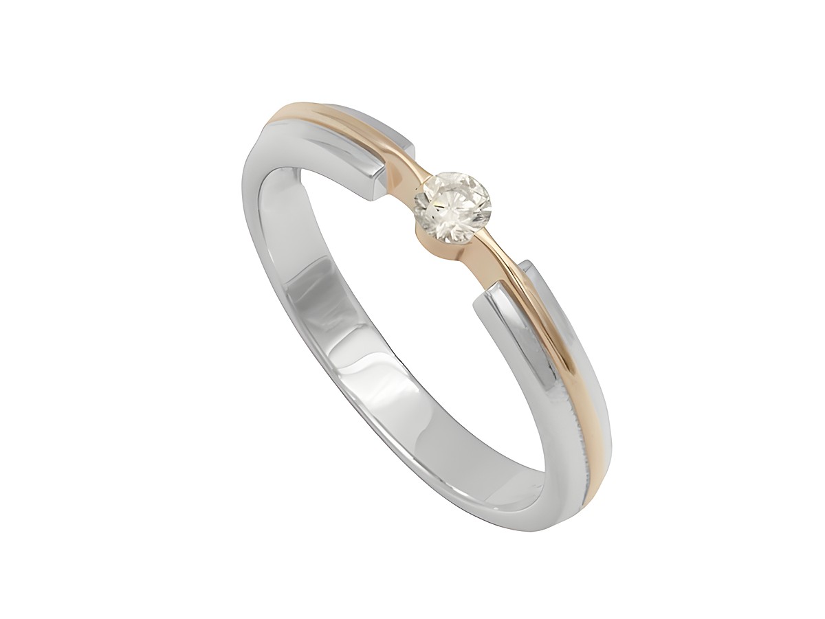 Schwebender Kreis Ring aus Sterling Silber rhodiniert mit Roségold Vergoldung und einem transparenten Stein in der Mitte, Größe 56, vom Juwelier Harnisch.