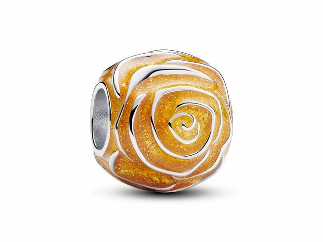 Gelbe blühende Rose aus Silber und Emaille, charmante Form mit feinen Details, ideal für Armbänder und eine elegante Zierde, Hersteller Pandora, Modellnummer 793212C02.