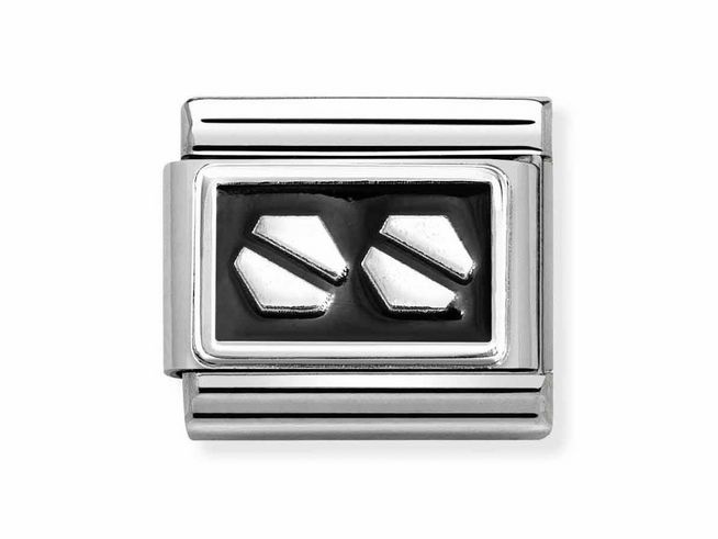 Silberne Sechskantschrauben auf schwarzem Emaille-Hintergrund in rechteckiger Form, rahmenloses Design, passend für Nomination Armbänder, modernes und stilvolles Schmuckelement.