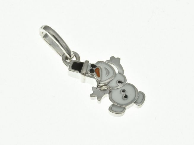 304343-0 Schneemann Anhänger aus rhodiniertem Sterling Silber mit Emaille in bunten Farben, gestaltet für Kinder, von Juwelier Harnisch, süß und verspielt.