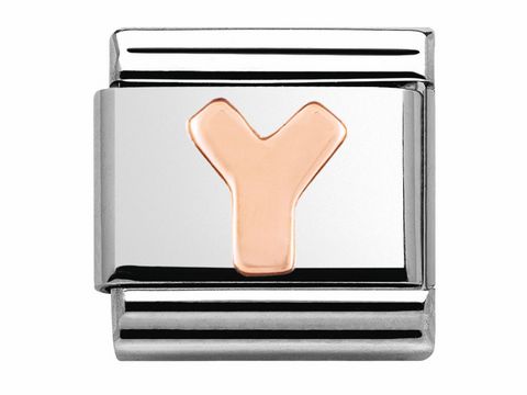 Nomination 430105 25 Classic Y Roségold Buchstabe mit verspiegelter Oberfläche und einem stilisierten Buchstaben Y in Roségold, geeignet für personalisierte Armbänder.