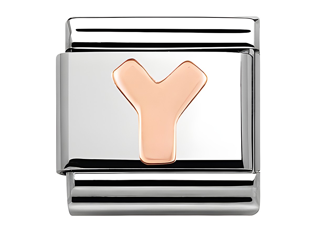 Nomination 430105 25 Classic Y Roségold Buchstabe mit verspiegelter Oberfläche und einem stilisierten Buchstaben Y in Roségold, geeignet für personalisierte Armbänder.