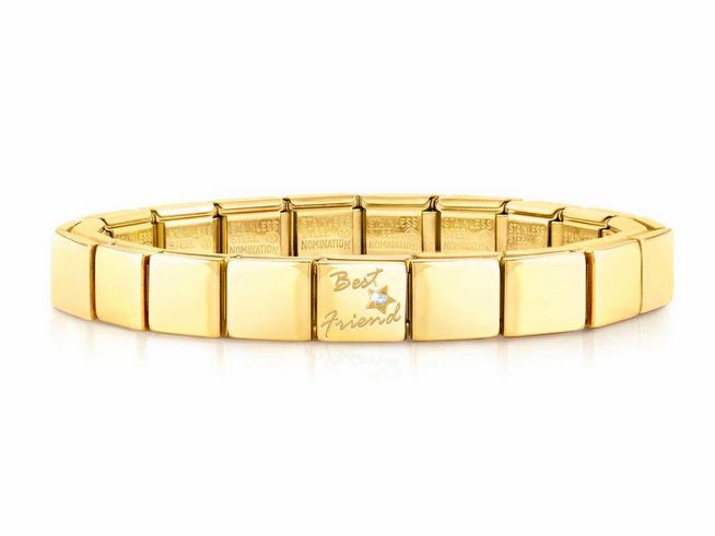 423910320-0 Edelstahl Armband in Gelbgold PVD-beschichtet mit der Gravur Best Friend, hergestellt von Nomination, elegantes Design für Freundschaften und besondere Anlässe.
