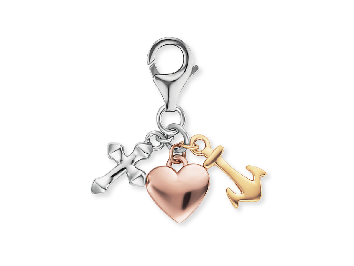 Engelsrufer ERC-FLH-TRICO Charm Glaube, Liebe & Hoffnung Tricolor - Der Charm von Engelsrufer zeigt eine silberne Kreuzanhänger, ein roségoldenes Herz sowie einen goldenen Anker, die zusammen ein bedeutungsvolles Symbol für Glaube, Liebe und Hoffnung darstellen.