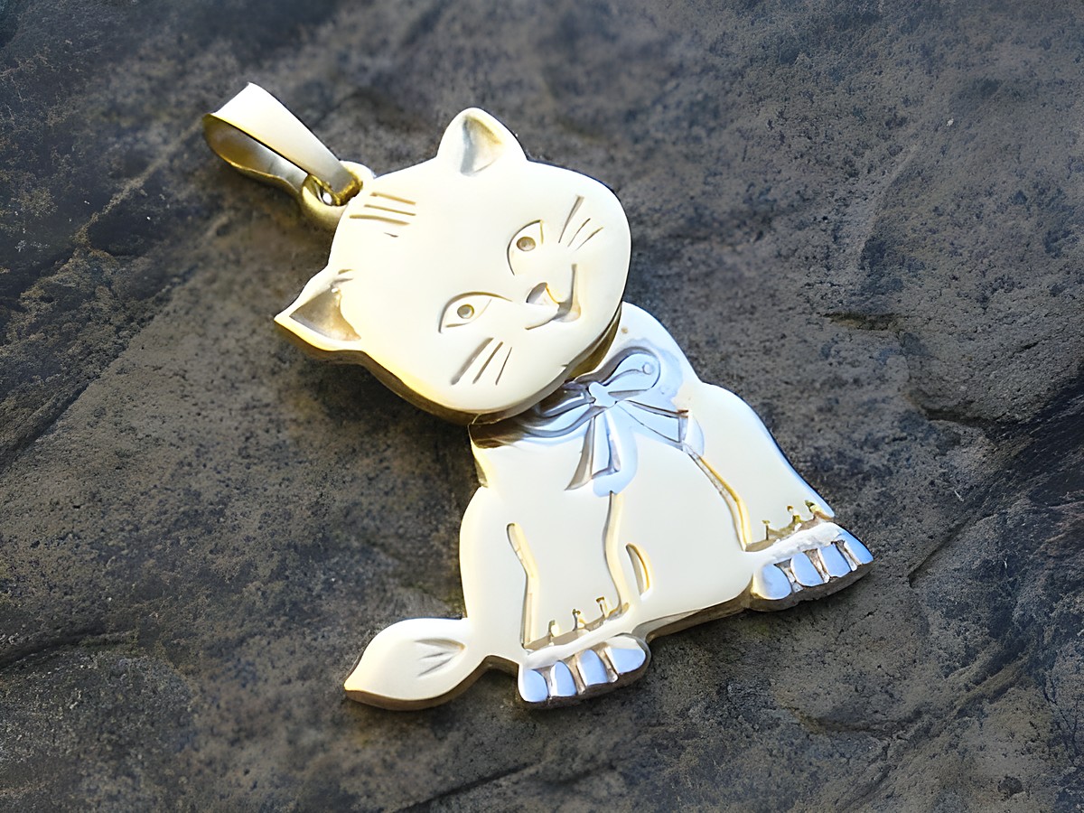 Gold Anhänger Katze beweglich BICOLOR Gold 333, Hersteller Juwelier Harnisch, niedliches Katzendesign mit Schleife und feinen Details, ideal für Tierliebhaber und Schmuckliebhaber.