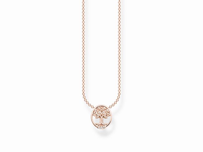 THOMAS SABO Kette Lebensbaum Silber rosèvergoldet mit Zirkonia, filigranes Design mit Baum-Motiv, ideal für elegante Anlässe und als modisches Accessoire.
