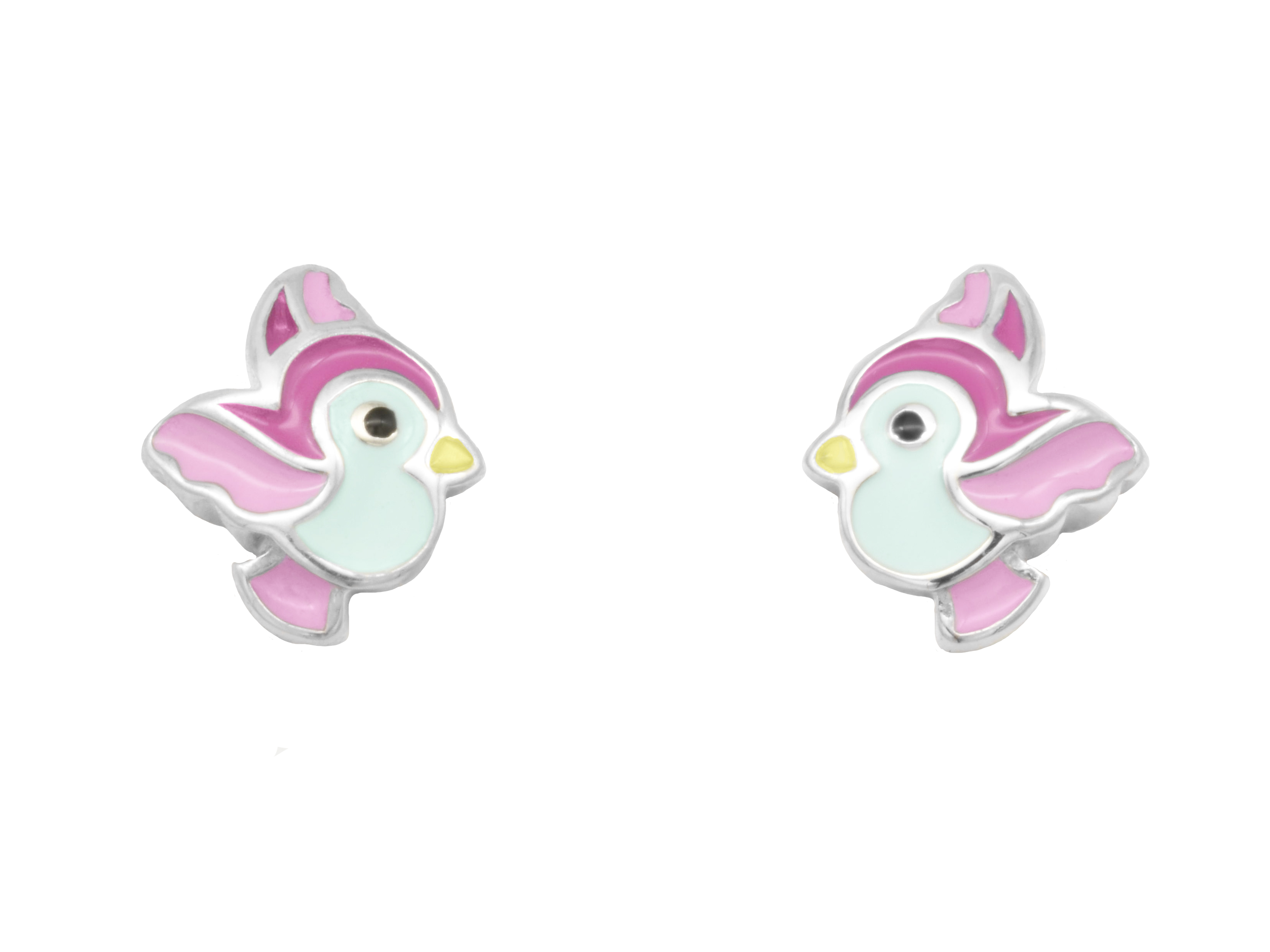 Ohrstecker Ohrringe in Form eines bunten Vogels im Design eines Spatzen aus rhodiniertem Sterling Silber, ideal für Kinder, von Juwelier Harnisch, poliert und lackiert.