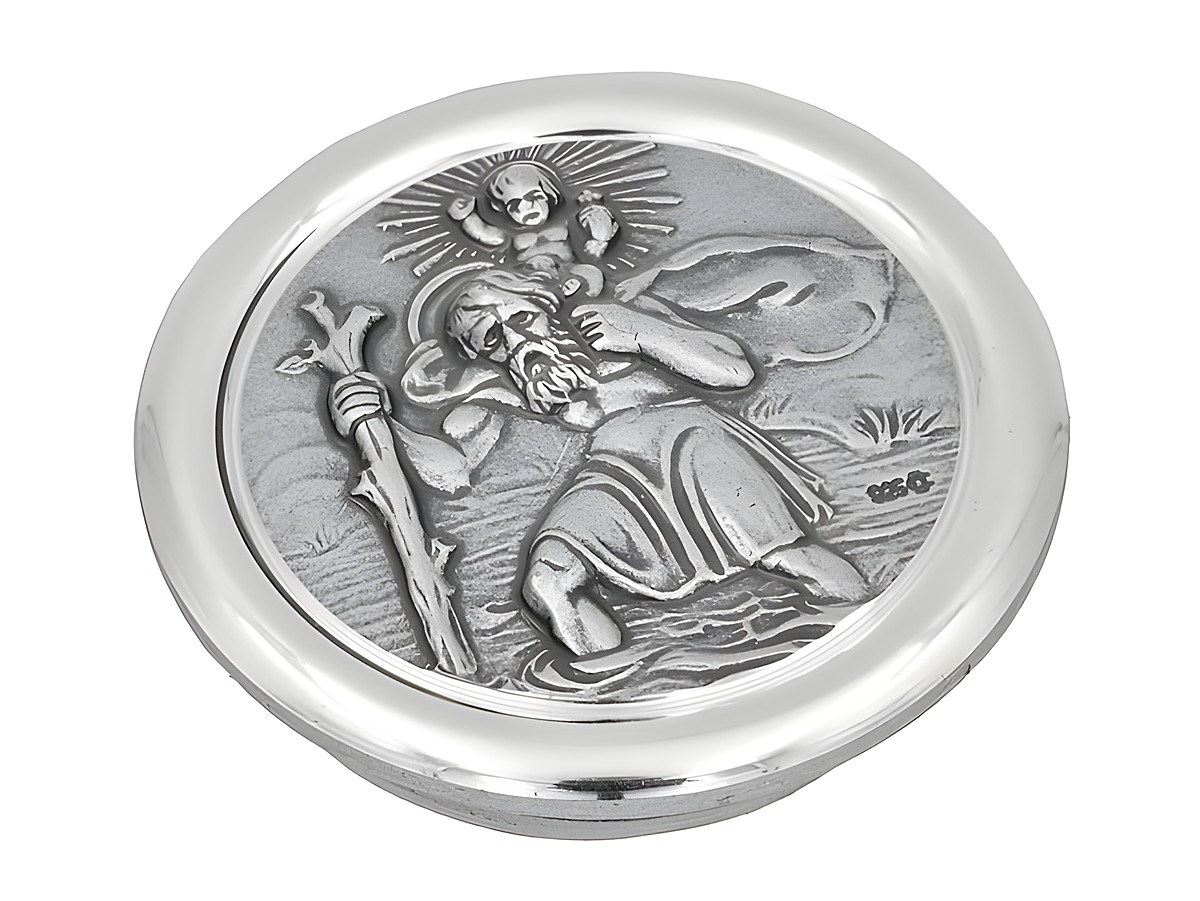 Christophorus Plakette aus poliertem Sterling Silber, zeigt den Schutzpatron mit Kind in der Hand, feine Details, Hersteller Juwelier Harnisch, echt Silber.