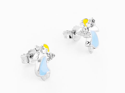 Engel Ohrstecker in Silber mit rhodiniertem Finish, verziert mit buntem Lack in Blau und Gelb sowie funkelnden Zirkonia in Weiß, ideal für Kinder, Hersteller Juwelier Harnisch.