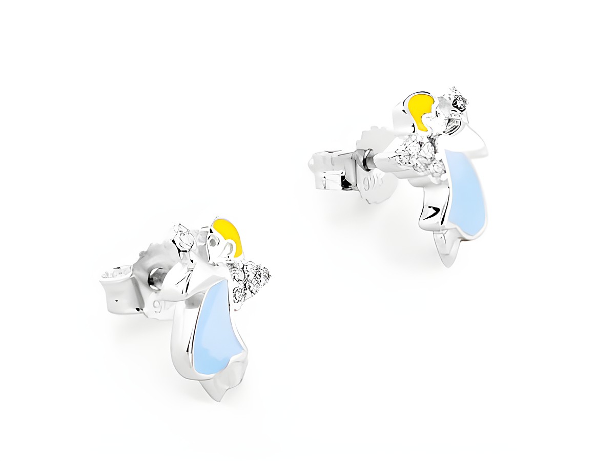 Engel Ohrstecker in Silber mit rhodiniertem Finish, verziert mit buntem Lack in Blau und Gelb sowie funkelnden Zirkonia in Weiß, ideal für Kinder, Hersteller Juwelier Harnisch.