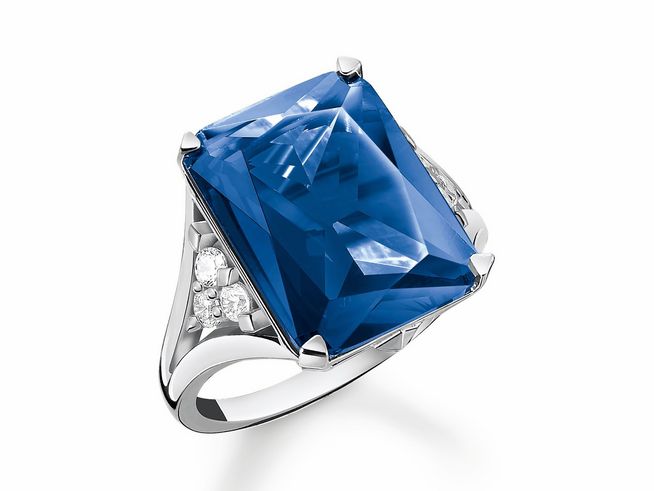 Thomas Sabo Ring aus Sterling Silber mit einem großen blauen Glas-Keramik Stein und Zirkonia, Größe 56, elegantes Design.