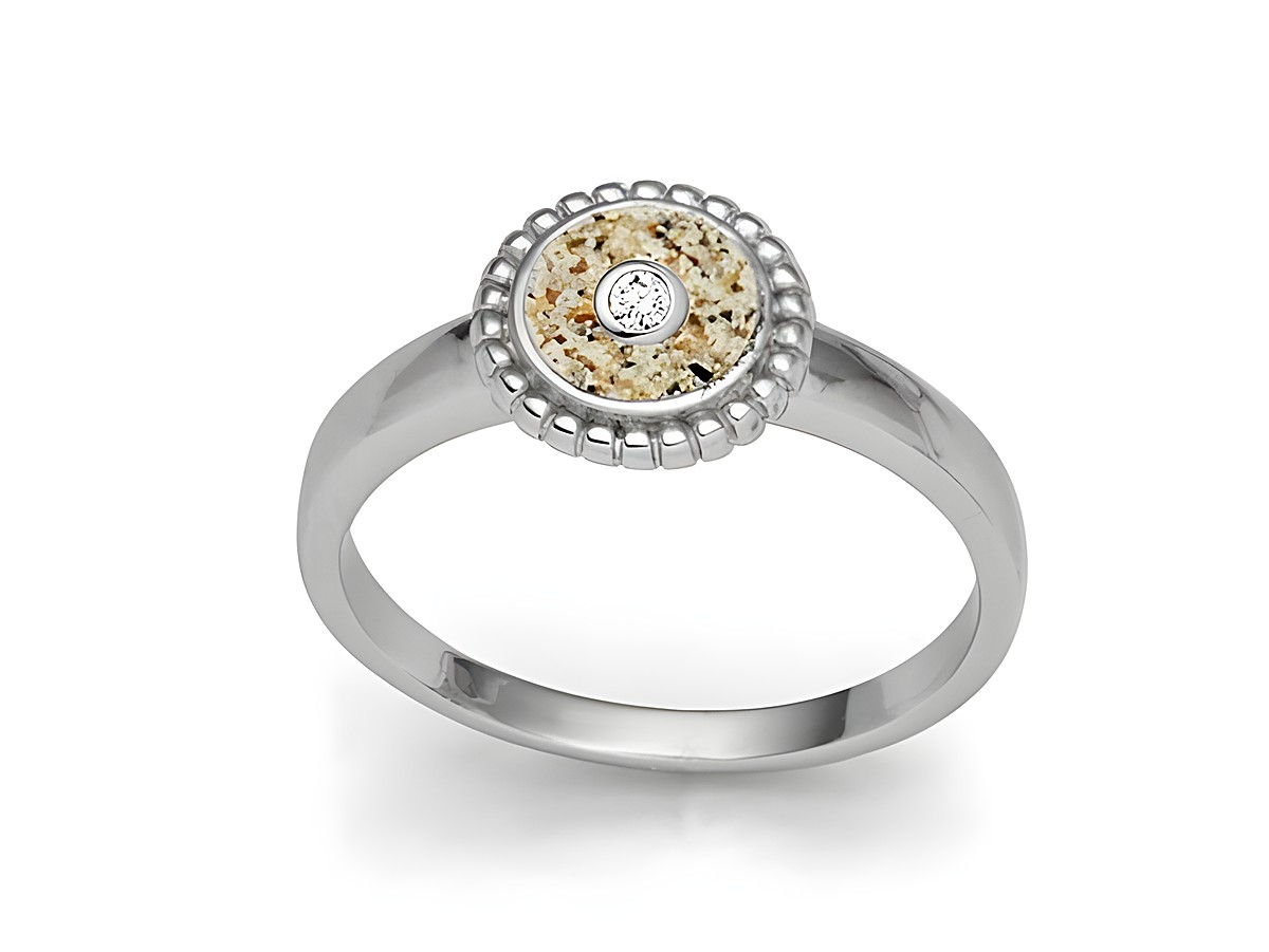 Sterling Silber Ring von DUR mit rhodinierten Oberflächen, mit einem runden Element aus Strandsand und Zirkonia in der Mitte, Größe 56, elegantes Design für stilvolle Akzente.