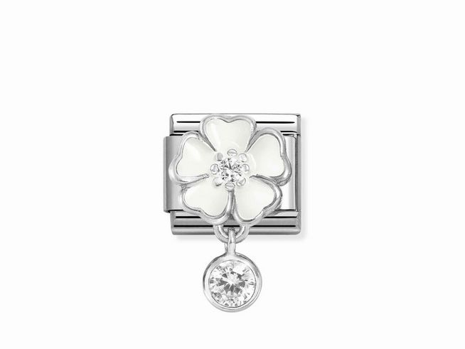 Charm von Nomination Classic in Silber mit einer weißen Blume, brillant geschliffen, verziert mit Zirkonia und Emaille in Weiß, ideal für individuelle Armbänder.