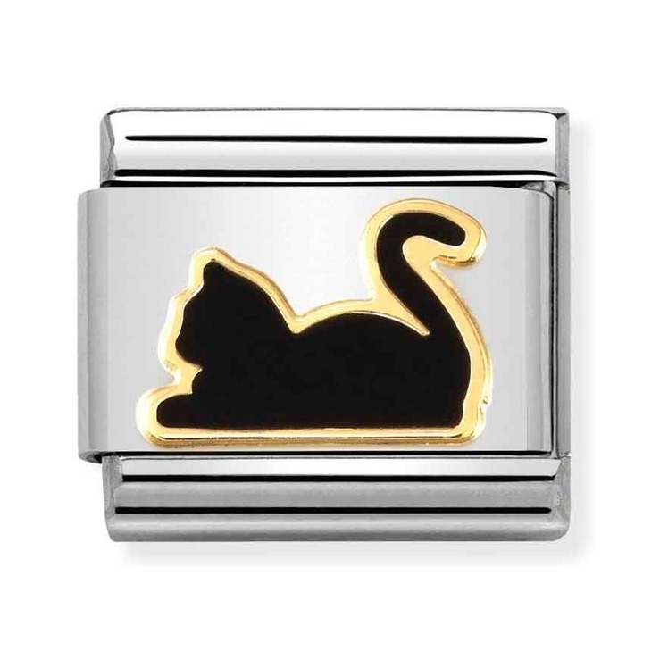 Nomination Composable Classic Charm schwarze Katze - Edelstahl, Gold 750, Emaille