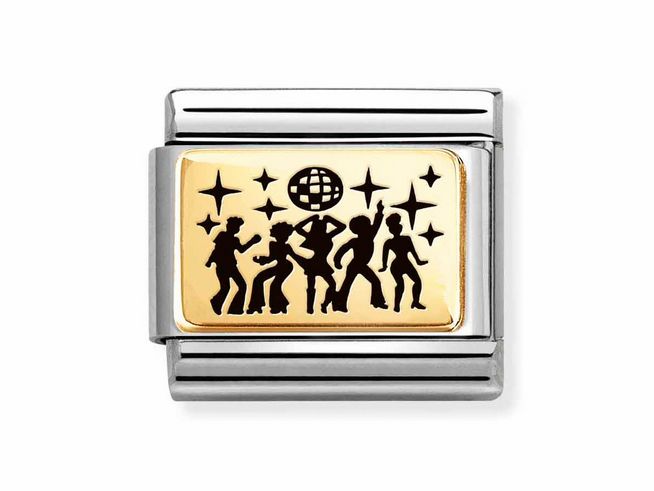 Die Nomination Classic Gold 030166 42 zeigt eine Disco-Tanzfläche im Emaille-Design mit tanzenden Figuren und einem Diskokugel-Motiv auf goldenem Hintergrund.