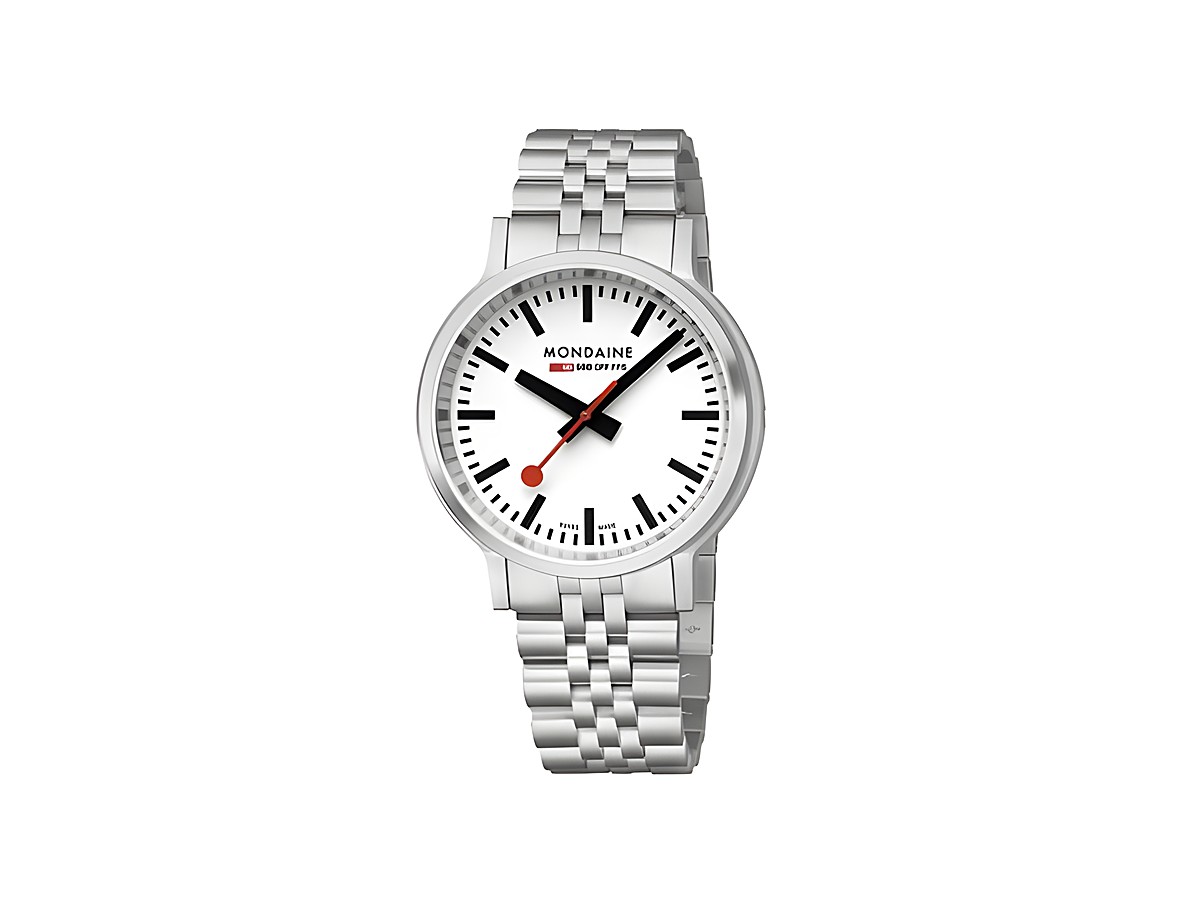 Mondaine Uhr MST.4101B.SJ.2SE Stop2Go in Edelstahl mit 41 mm Gehäuse, weißem Ziffernblatt und rotem Sekundenzeiger, klassisches Design mit modernem Touch.