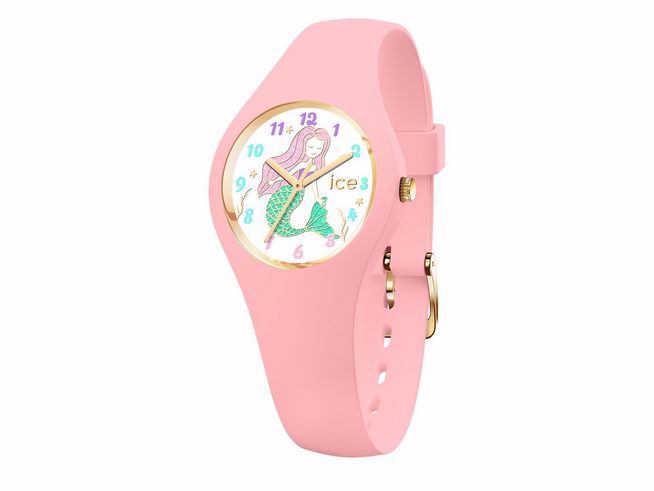 ICE fantasia Pink mermaid Extra small 020945 in Rosa zeigt eine farbenfrohe Armbanduhr mit einem Ziffernblatt, das eine Meerjungfrau abbildet, verblendete Zahlen und ein goldfarbenes Gehäuse.