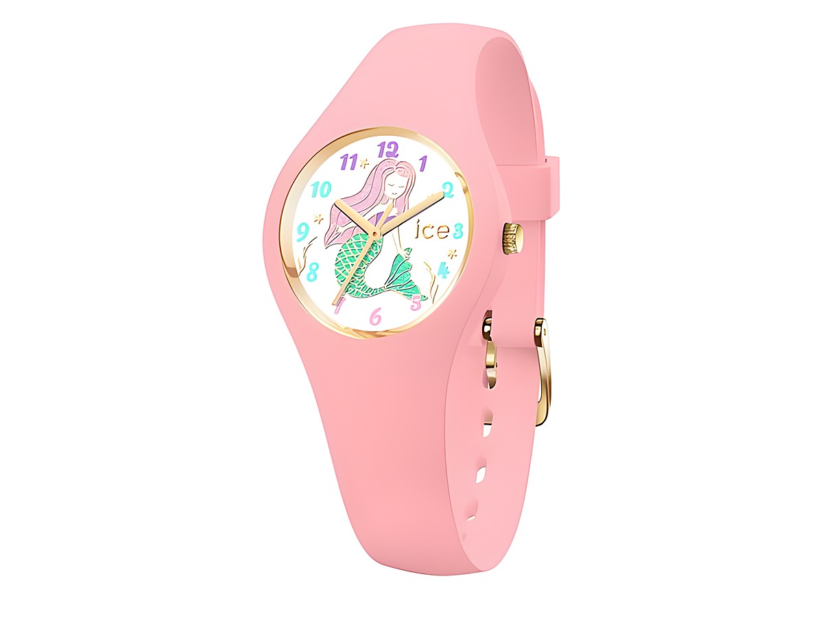 ICE fantasia Pink mermaid Extra small 020945 in Rosa zeigt eine farbenfrohe Armbanduhr mit einem Ziffernblatt, das eine Meerjungfrau abbildet, verblendete Zahlen und ein goldfarbenes Gehäuse.