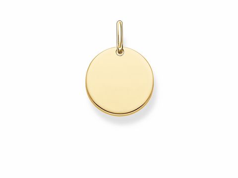 Der Anhänger von Thomas Sabo LBPE0001-413-12 ist rund, aus vergoldetem Silber gefertigt und hat eine glatte Oberfläche, die für Gravuren geeignet ist.