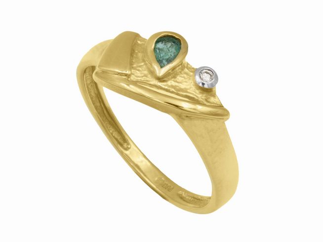 Ring aus Gelbgold und Weißgold 585 bicolor mit einem grünen Smaragd und einem Brillanten, Größe 54, Hersteller Juwelier Harnisch. Elegantes und modernes Design.
