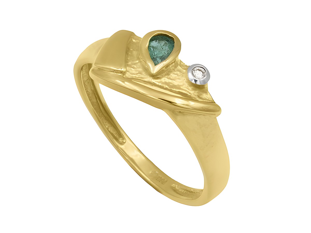 Ring aus Gelbgold und Weißgold 585 bicolor mit einem grünen Smaragd und einem Brillanten, Größe 54, Hersteller Juwelier Harnisch. Elegantes und modernes Design.
