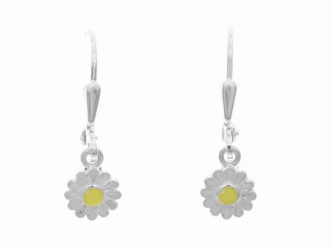 Ohrhänger Blume in silber mit gelber Lackfüllung und blumigem Design, Hersteller Juwelier Harnisch, ideal für Kinder. Trachten Sie einen fröhlichen Akzent.