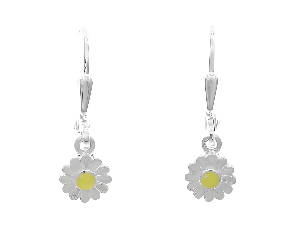 Ohrhänger Blume in silber mit gelber Lackfüllung und blumigem Design, Hersteller Juwelier Harnisch, ideal für Kinder. Trachten Sie einen fröhlichen Akzent.