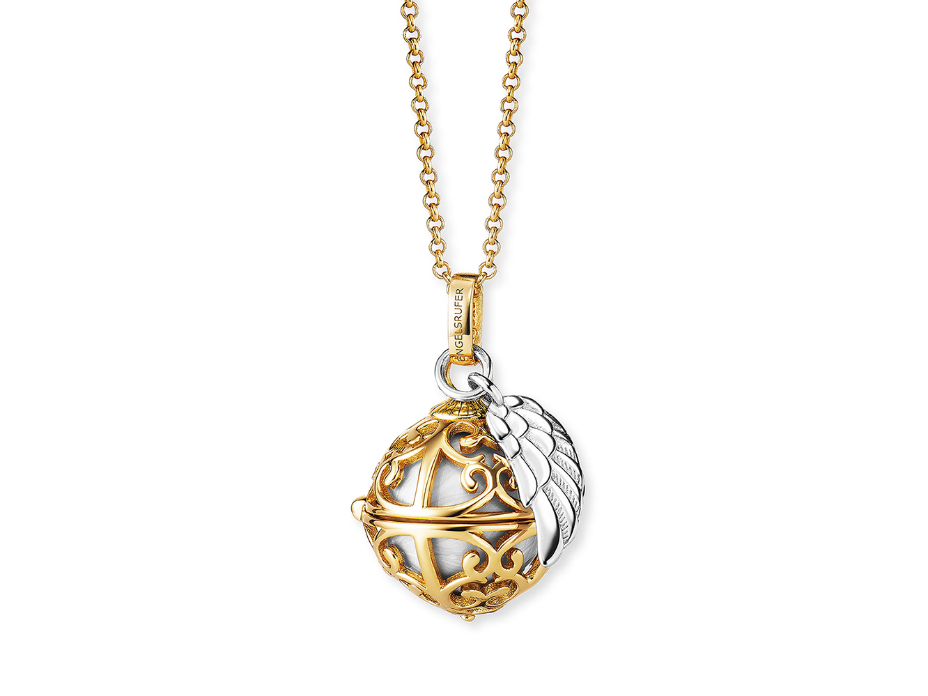 Kette mit einem filigranen Anhänger in Gelbgold Vergoldung und Silber, verziert mit einem Flügel und einer Klangkugel aus Perlmutt. Größe XS und 45 cm lang, elegant und verspielt.