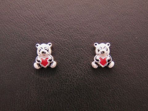 Silber Ohrstecker in Form von Pandas mit Herz in rot, schwarz-weiß lackiert, geeignet für Kinder, hergestellt von Juwelier Harnisch.