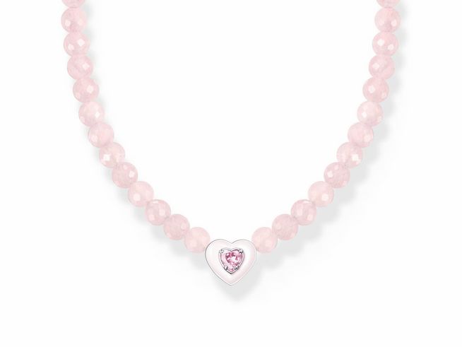 Choker aus Silber mit Rosenquarzperlenschmuck und pinkem Zirkonia-Herzanhänger, verstellbar von 34 bis 42 cm, elegant und romantisch, ideal für besondere Anlässe.